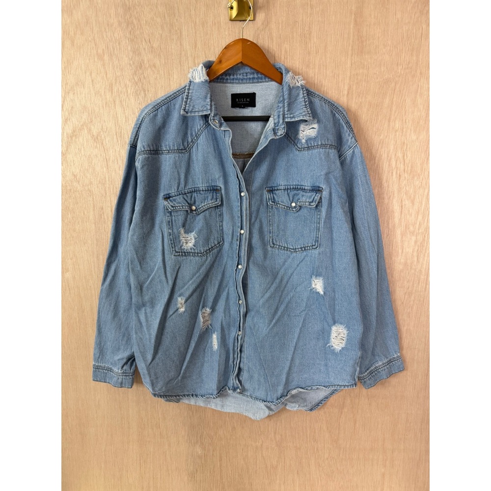 Risen Distressed Denim Jean Shirt Light Wash Pearl Snap Button Down Large